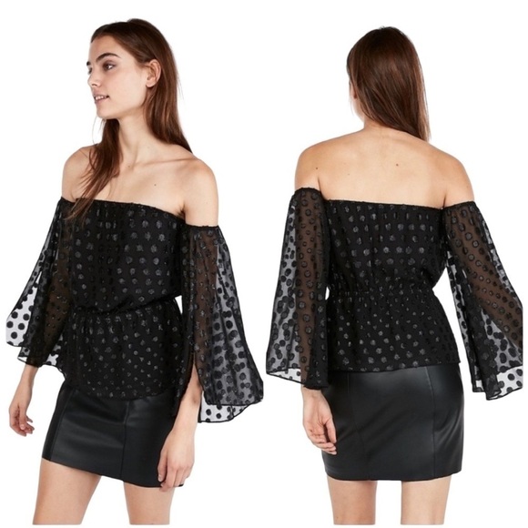 EXPRESS Metallic Black Polka Dot Off The Shoulder Slit Sheer Blouse Size Large - Picture 1 of 10